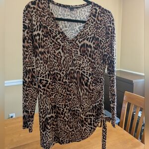 INC International Concepts Brown and Black Leopard Print V-Neck Blouse